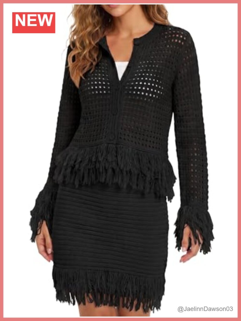 2 Piece Knit Crochet Cardigan & Fringe Mini Skirt Set for Women Vacation
